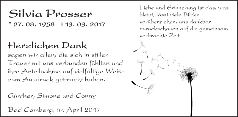  Traueranzeige für Silvia Prosser vom 06.04.2017 aus  Camberger Anzeiger