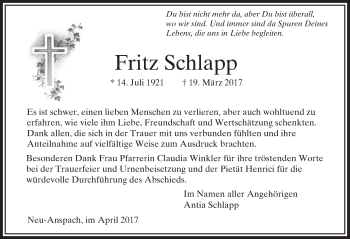 Traueranzeige von Fritz Schlapp von  Usinger Anzeiger