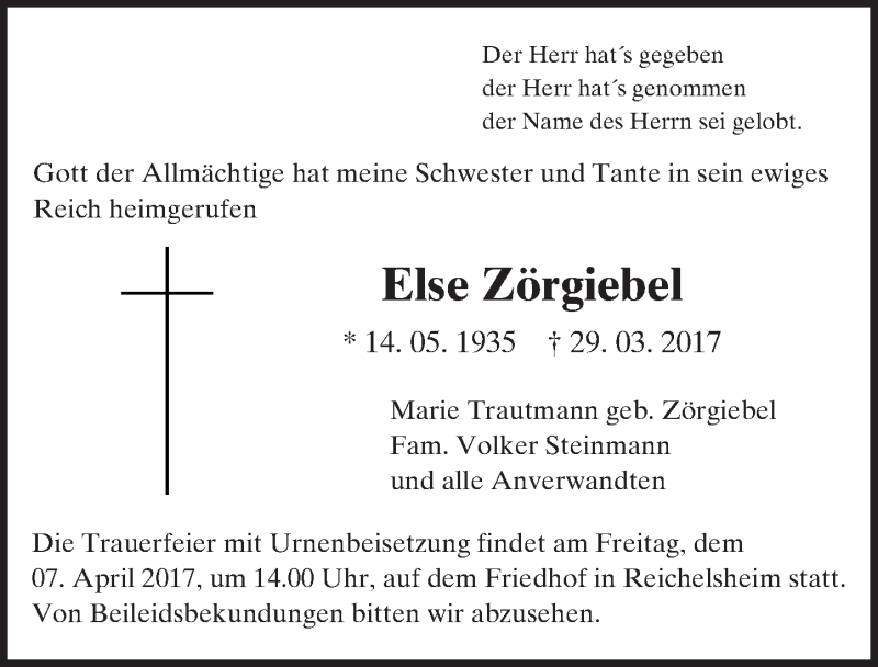  Traueranzeige für Else Zörgiebel vom 07.04.2017 aus Trauerportal Echo Online