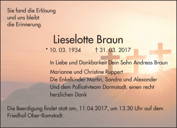 Traueranzeige von Lieselotte Braun von Trauerportal Echo Online