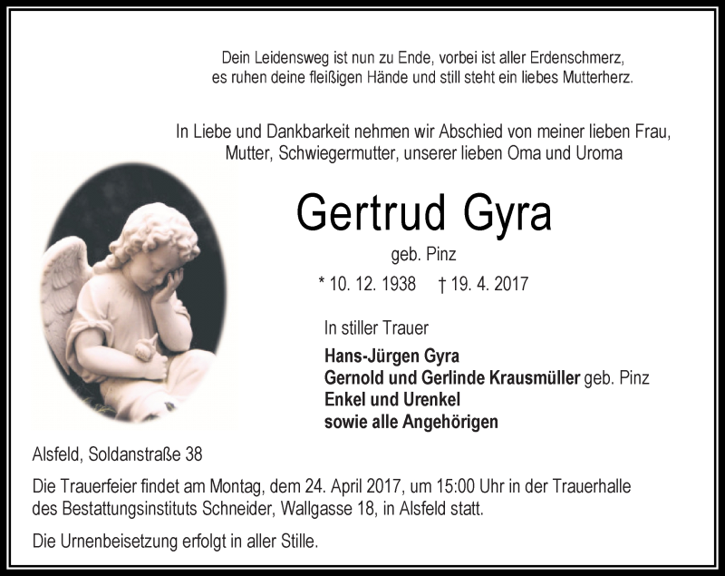  Traueranzeige für Gertrud Gyra vom 22.04.2017 aus VRM Trauer