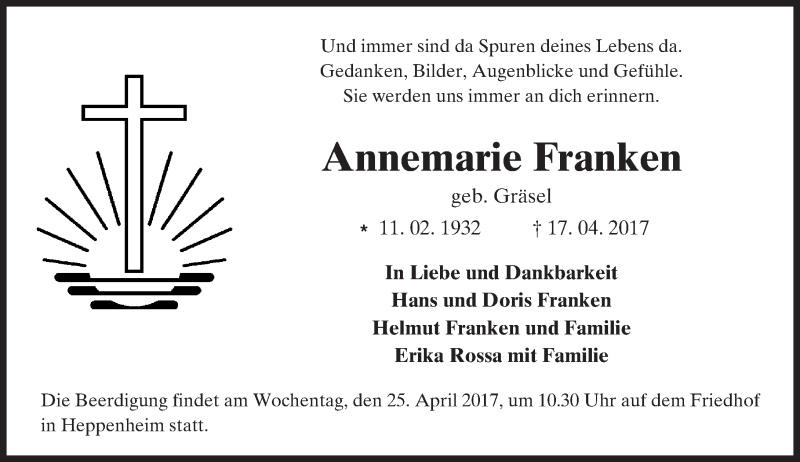  Traueranzeige für Annemarie Franken vom 22.04.2017 aus Trauerportal Echo Online