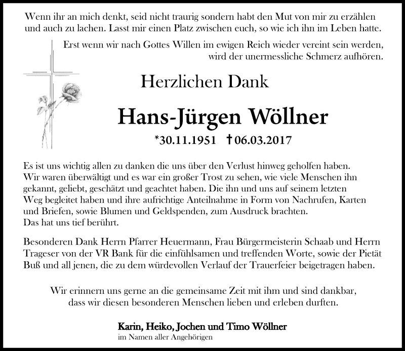  Traueranzeige für Hans-Jürgen Wöllner vom 15.04.2017 aus  Kreisanzeiger