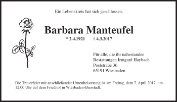 Traueranzeige von Barbara Manteufel von Trauerportal Rhein Main Presse