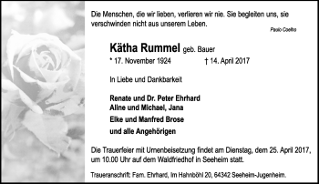 Traueranzeige von Kätha Rummel von Trauerportal Echo Online