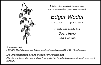 Traueranzeige von Edgar Wedel von Trauerportal Rhein Main Presse