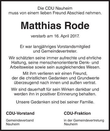 Traueranzeige von Matthias Rode von Trauerportal Rhein Main Presse