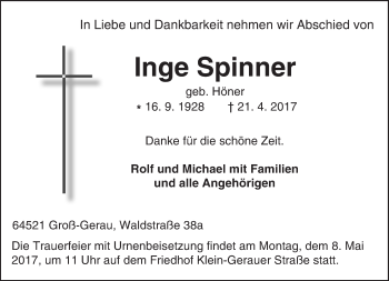 Traueranzeige von Inge Spinner von Trauerportal Echo Online