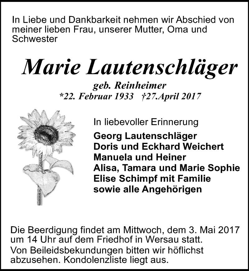  Traueranzeige für Marie Lautenschläger vom 29.04.2017 aus Trauerportal Echo Online