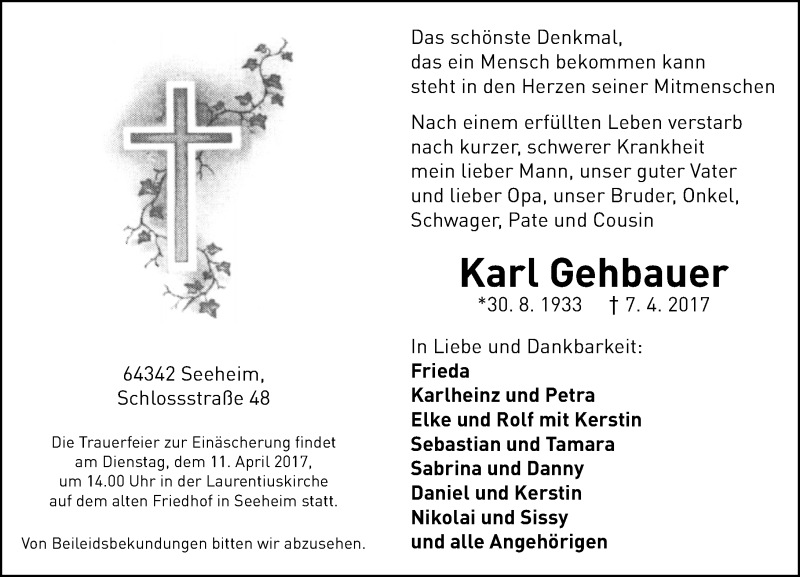  Traueranzeige für Karl Gehbauer vom 10.04.2017 aus Trauerportal Echo Online