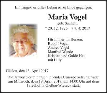 Traueranzeige von Maria Vogel von  Gießener Anzeiger