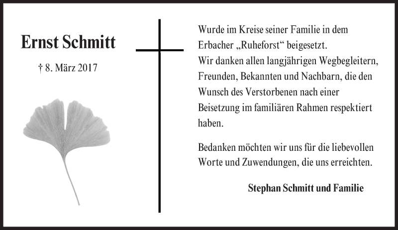  Traueranzeige für Ernst Schmitt vom 21.04.2017 aus Trauerportal Echo Online