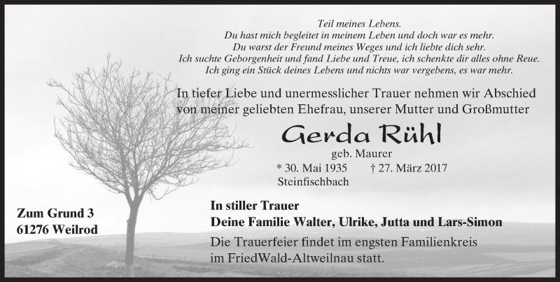  Traueranzeige für Gerda Rühl vom 13.04.2017 aus  Camberger Anzeiger