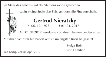 Traueranzeige von Gertrud Nieratzky von Trauerportal Echo Online