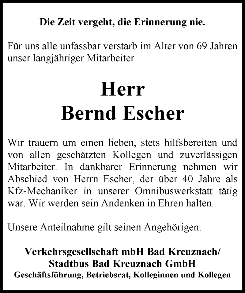  Traueranzeige für Bernd Escher vom 18.04.2017 aus Trauerportal Rhein Main Presse