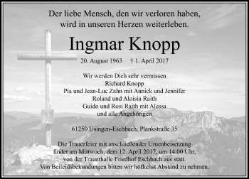 Traueranzeige von Ingmar Knopp von  Usinger Anzeiger