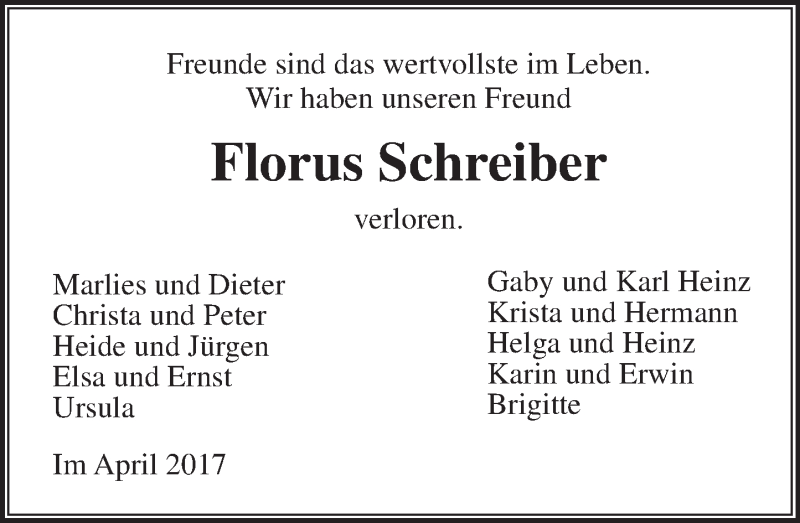  Traueranzeige für Florus Schreiber vom 15.04.2017 aus  Gießener Anzeiger