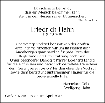 Traueranzeige von Friedrich Hahn von  Gießener Anzeiger