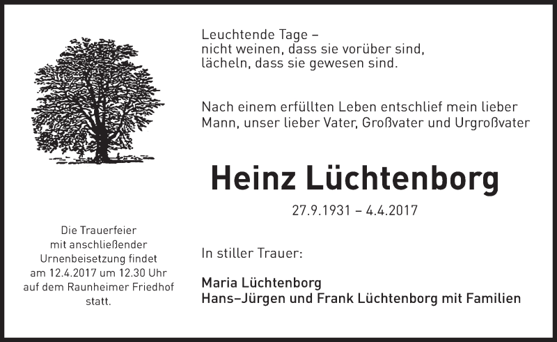  Traueranzeige für Heinz Lüchtenborg vom 08.04.2017 aus Trauerportal Rhein Main Presse