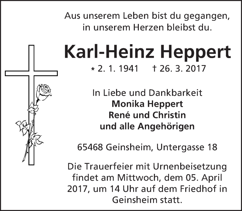  Traueranzeige für Karl-Heinz Heppert vom 01.04.2017 aus Trauerportal Echo Online