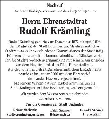 Traueranzeige von Rudolf Krämling von  Kreisanzeiger