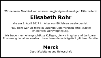 Traueranzeige von Elisabeth Rohr von Trauerportal Echo Online