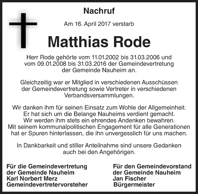  Traueranzeige für Matthias Rode vom 29.04.2017 aus Trauerportal Rhein Main Presse