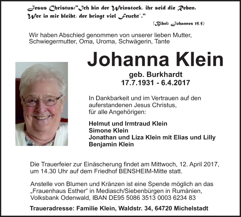  Traueranzeige für Johanna Klein vom 10.04.2017 aus Trauerportal Echo Online