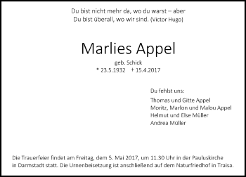 Traueranzeige von Marlies Appel von Trauerportal Echo Online
