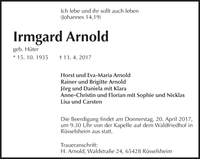  Traueranzeige für Irmgard Arnold vom 19.04.2017 aus Trauerportal Rhein Main Presse