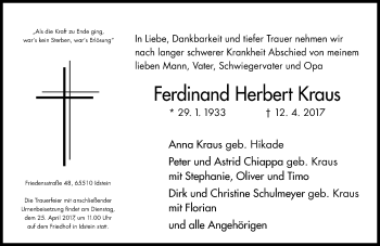 Traueranzeige von Ferdinand Herbert Kraus von Trauerportal Rhein Main Presse