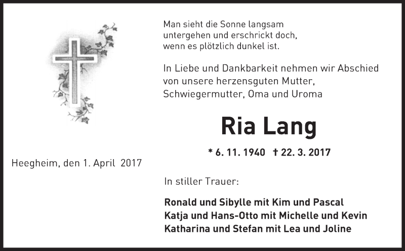  Traueranzeige für Ria Lang vom 01.04.2017 aus  Kreisanzeiger