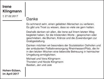 Traueranzeige von Irene Klingmann von Trauerportal Rhein Main Presse