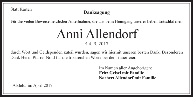  Traueranzeige für Anni Allendorf vom 08.04.2017 aus VRM Trauer