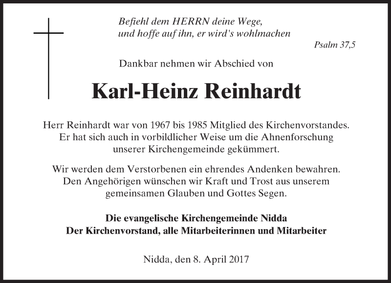  Traueranzeige für Karl-Heinz Reinhardt vom 08.04.2017 aus  Kreisanzeiger