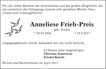 Traueranzeige von Anneliese Frieb-Preis von Trauerportal Rhein Main Presse