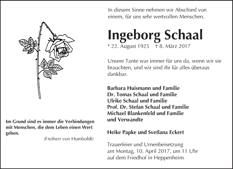  Traueranzeige für Ingeborg Schaal vom 05.04.2017 aus Trauerportal Echo Online
