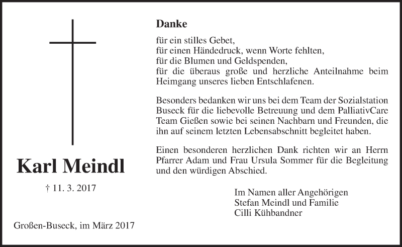 Traueranzeige für Karl Meindl vom 01.04.2017 aus  Gießener Anzeiger
