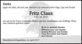Traueranzeige von Fritz Claus von Trauerportal Rhein Main Presse