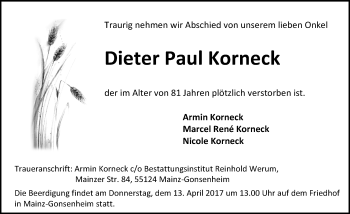 Traueranzeige von Dieter Paul Korneck von Trauerportal Rhein Main Presse