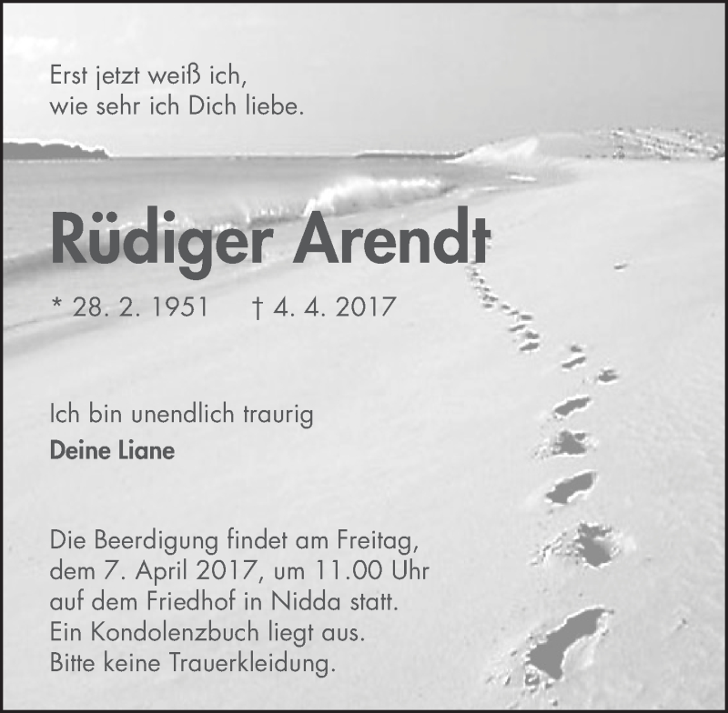  Traueranzeige für Rüdiger Arendt vom 05.04.2017 aus  Kreisanzeiger