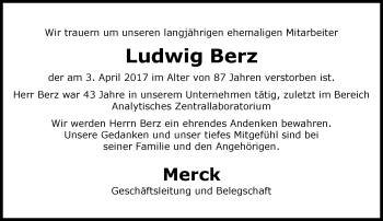 Traueranzeige von Ludwig Berz von Trauerportal Echo Online
