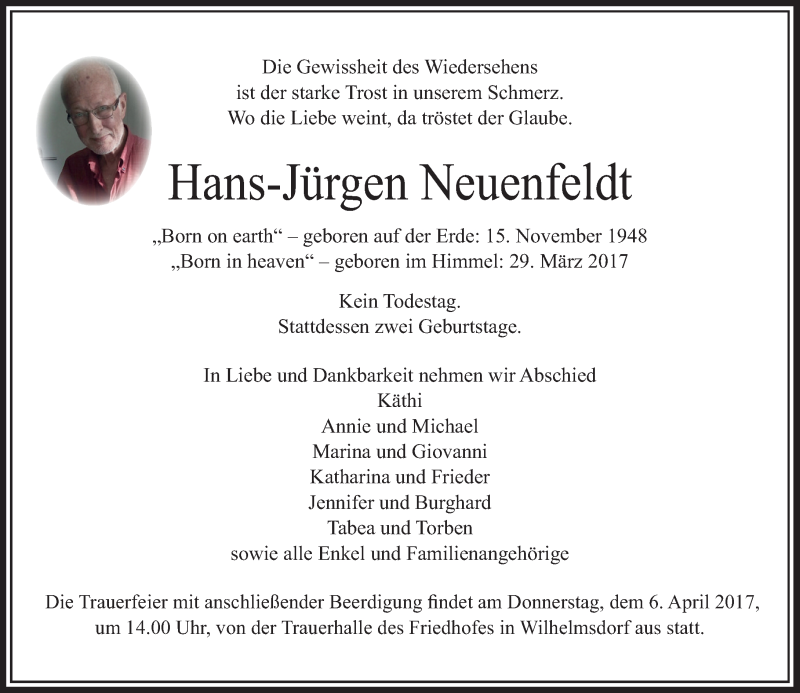  Traueranzeige für Hans-Jürgen Neuenfeldt vom 01.04.2017 aus  Usinger Anzeiger