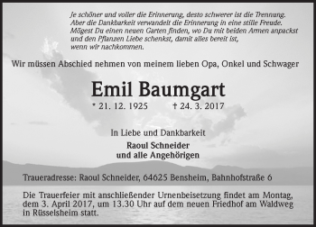 Traueranzeige von Emil Baumgart von Trauerportal Rhein Main Presse
