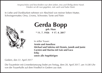 Traueranzeige von Gerda Bopp von  Kreisanzeiger