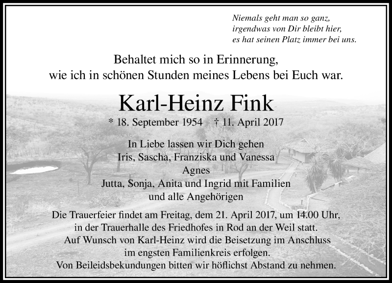  Traueranzeige für Karl-Heinz Fink vom 15.04.2017 aus  Usinger Anzeiger