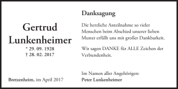 Traueranzeige von Gertrud Lunkenheimer von Trauerportal Rhein Main Presse