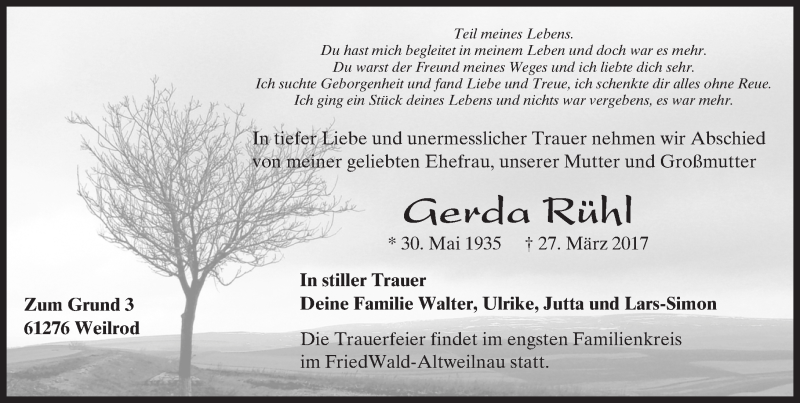  Traueranzeige für Gerda Rühl vom 08.04.2017 aus  Usinger Anzeiger