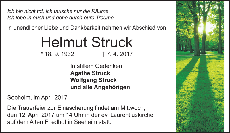  Traueranzeige für Helmut Struck vom 10.04.2017 aus Trauerportal Echo Online