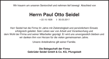 Traueranzeige von Paul Otto Seidel von Trauerportal Echo Online